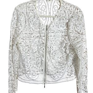 Tahari White Lace Jacket Womens 14 Cropped Formal Evening Bolero Blazer